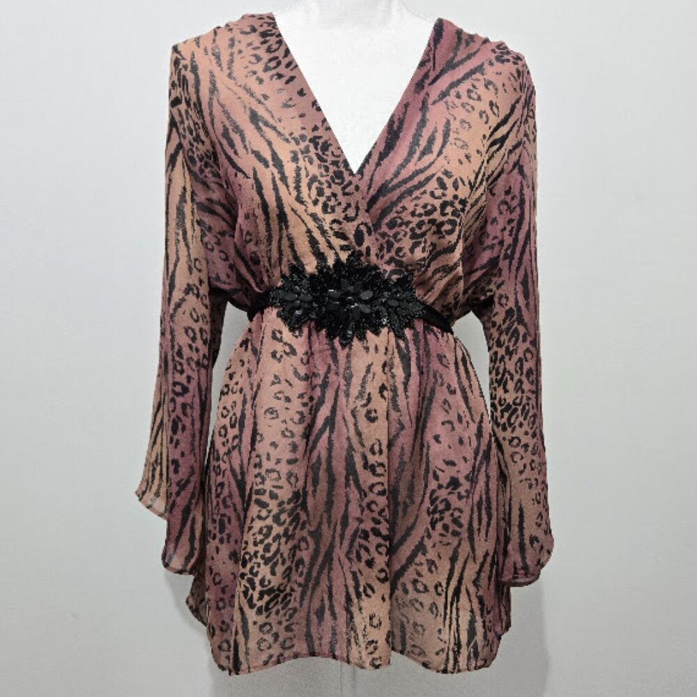 Nicole Miller Sheer Mob Wife Embellished Babydoll Top Size XL Y2K Animal Print